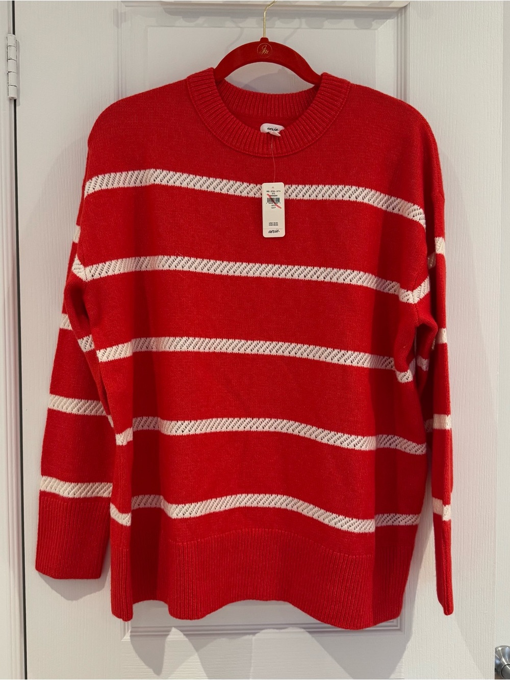 aerie Red and White Striped Crewneck Sweater